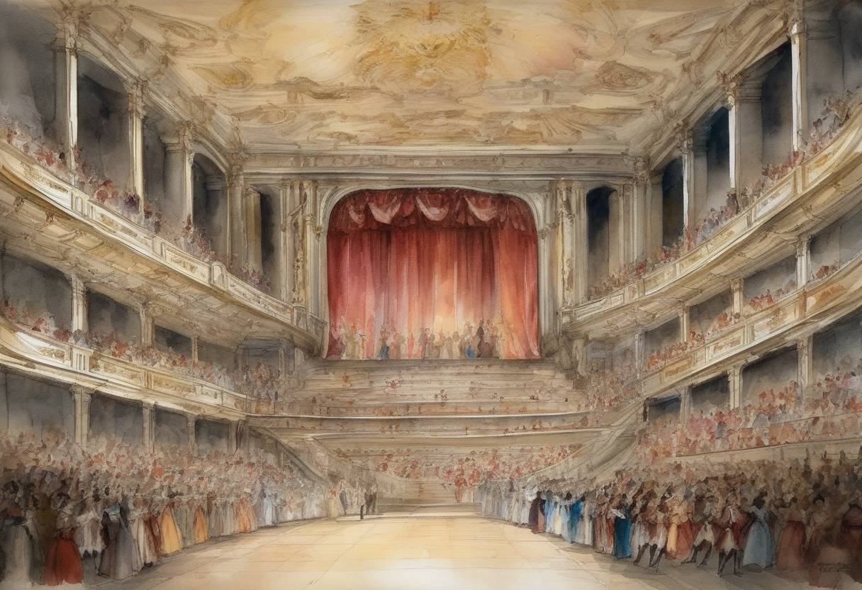 Watercolor painting based depiction of Mozart's opera 'Don Giovanni' premiered at the Estates Theatre in Prague, Czech Republic. The opera is considered one of the greatest works in the operatic repertoire. (1787)