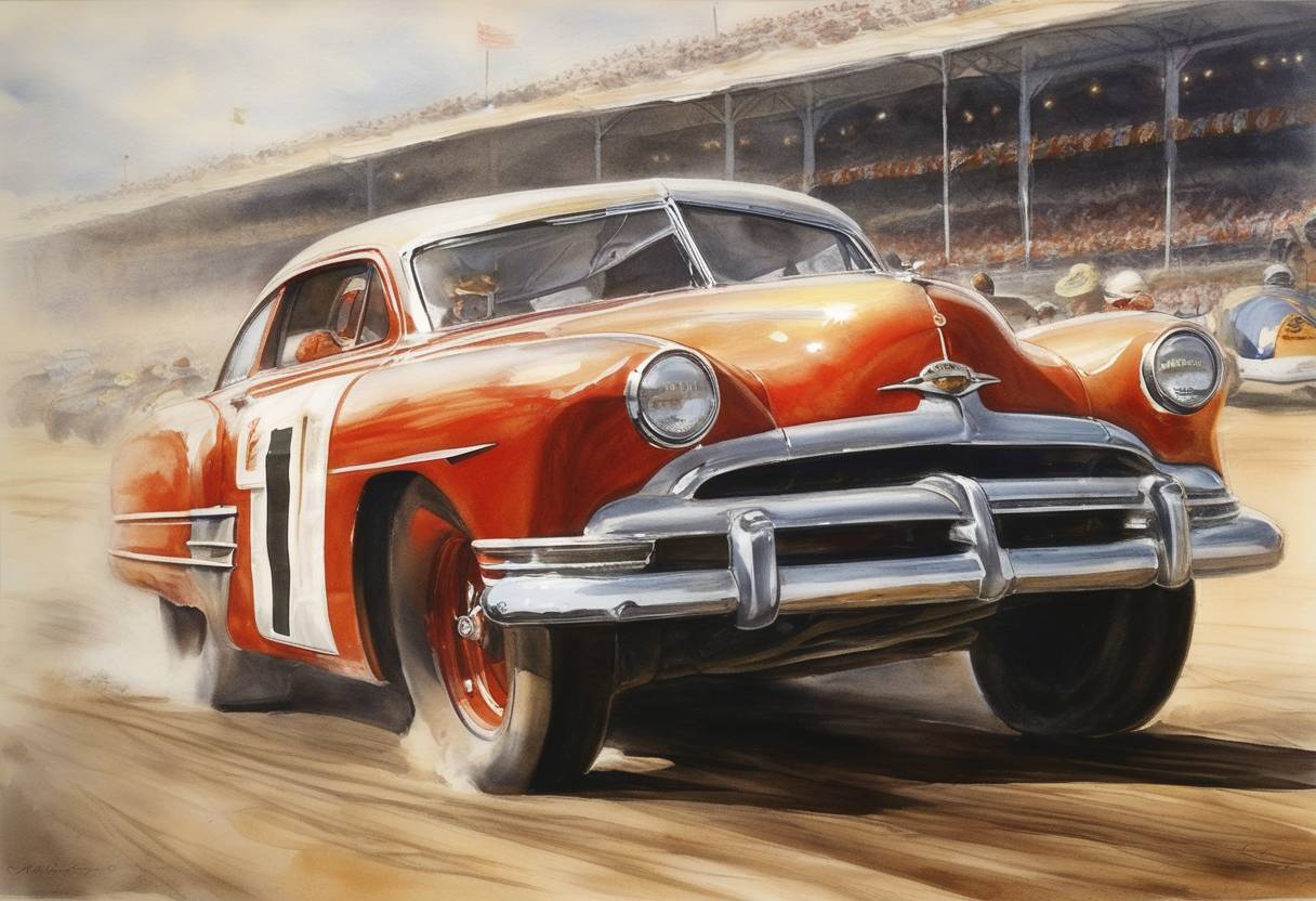 Watercolor painting based depiction of The National Association for Stock Car Auto Racing (NASCAR) was officially incorporated, laying the groundwork for the future growth of stock car racing in the United States. (1948)