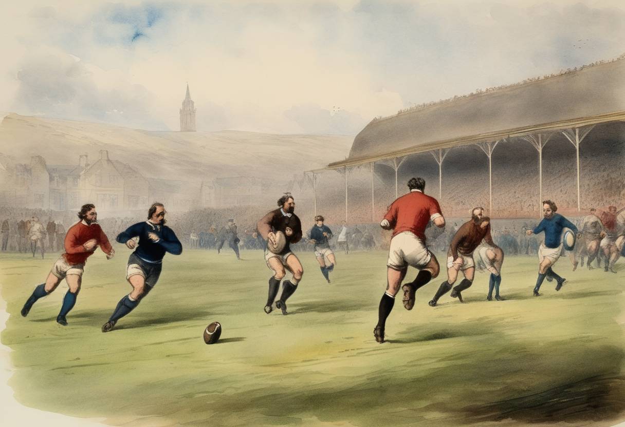 Watercolor painting based depiction of The first international rugby football match took place between Scotland and England. (1871)