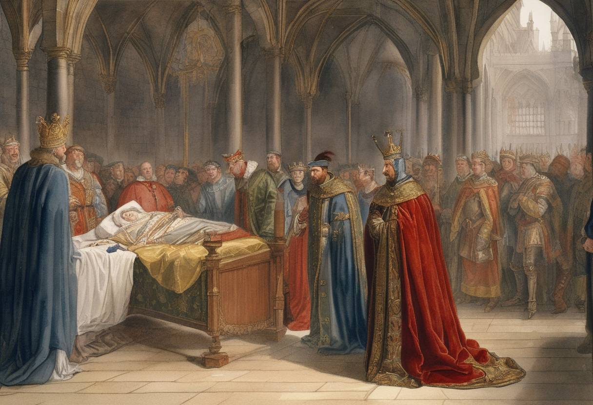 Watercolor painting based depiction of Henry IV of England died, leading to the accession of his son, Henry V. (1413)