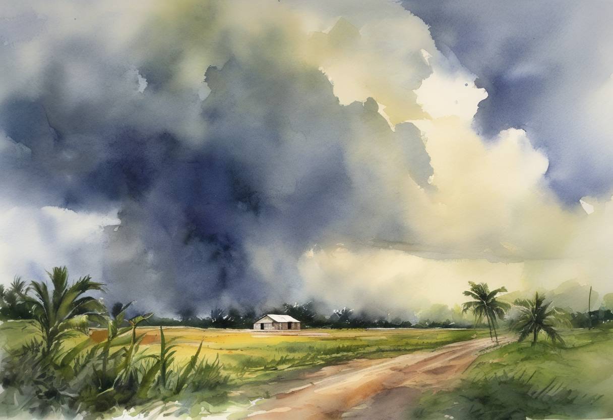 Watercolor painting based depiction of In Belize, Hurricane Iris left its mark with a trail of devastation, primarily affecting the southern part of the country. The storm caused significant damage to infrastructure and agriculture, catapulting the region into a long recovery process. (2005)