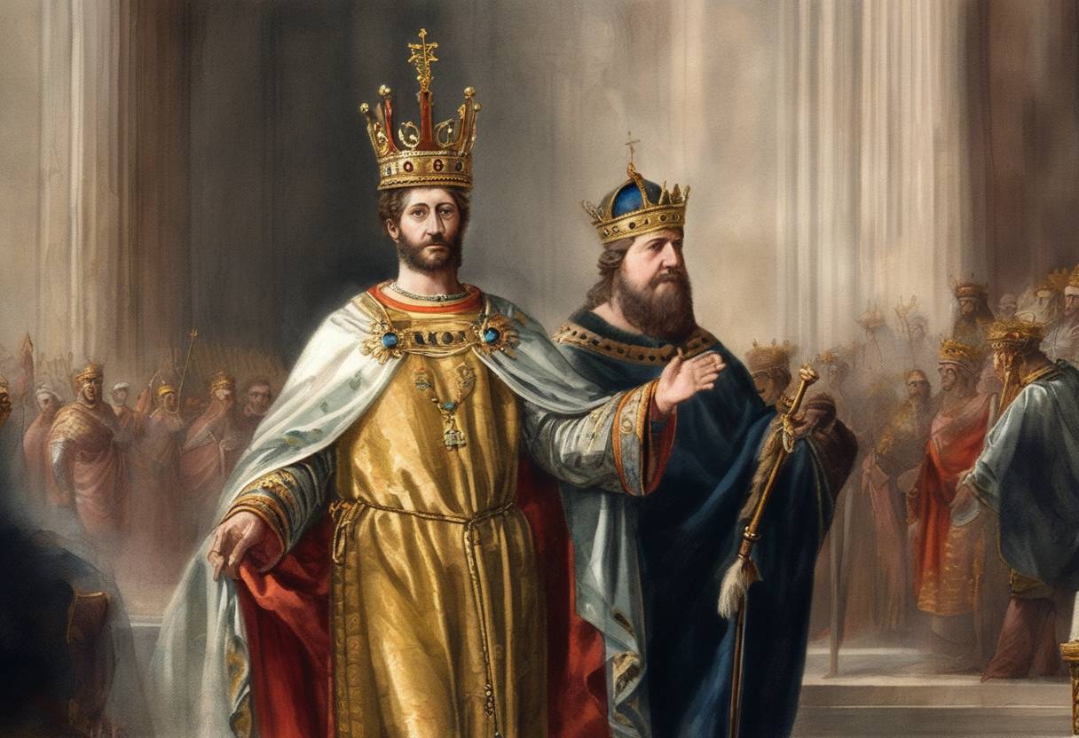 Watercolor painting based depiction of Lothair I, Holy Roman Emperor, was crowned King of Italy by his father, Louis the Pious. (823)