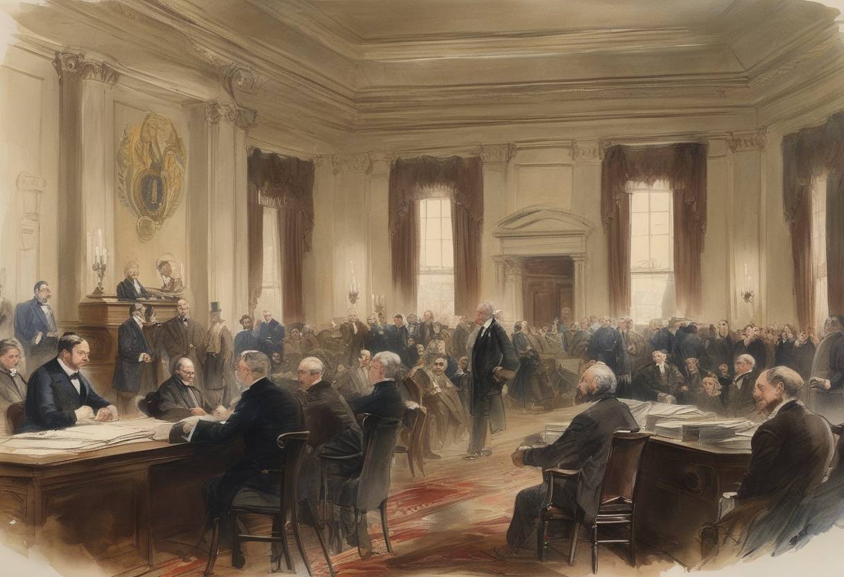 Watercolor painting based depiction of The Pendleton Civil Service Reform Act was passed in the United States to establish the Civil Service Commission, marking federal employment based on merit rather than political affiliation. (1883)