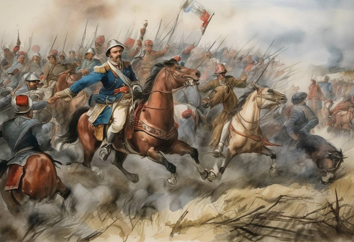 Watercolor painting based depiction of The Russian forces led by Field Marshal Burkhard Christoph von Münnich defeated the Crimean Tatars in the Battle of Stavuchany, securing a decisive victory and enhancing Russian influence in Eastern Europe. (1743)