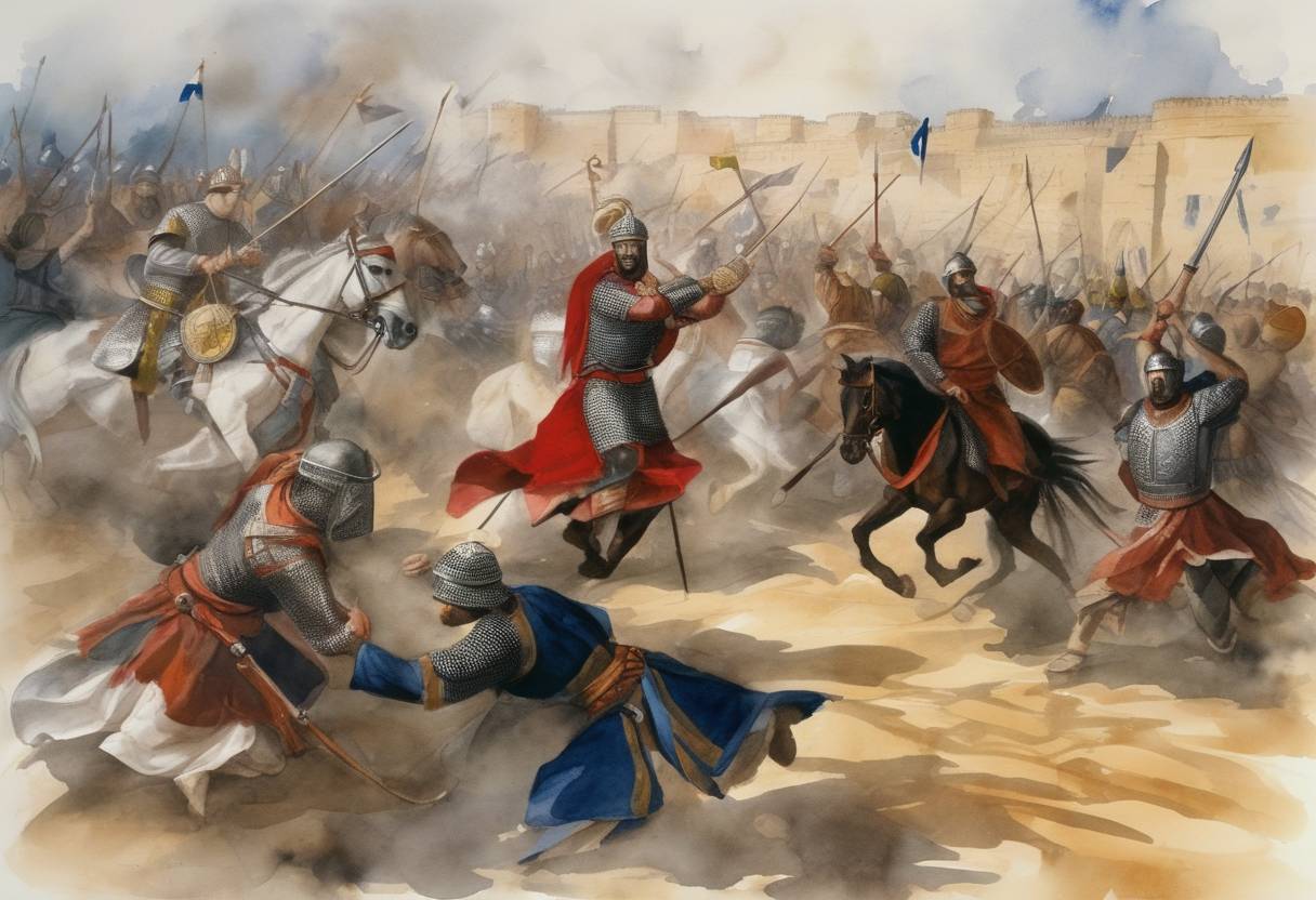 Watercolor painting based depiction of Battle of Ascalon marks a decisive engagement in the First Crusade, concluding with the Crusaders' victory over Fatimid forces. (1099)