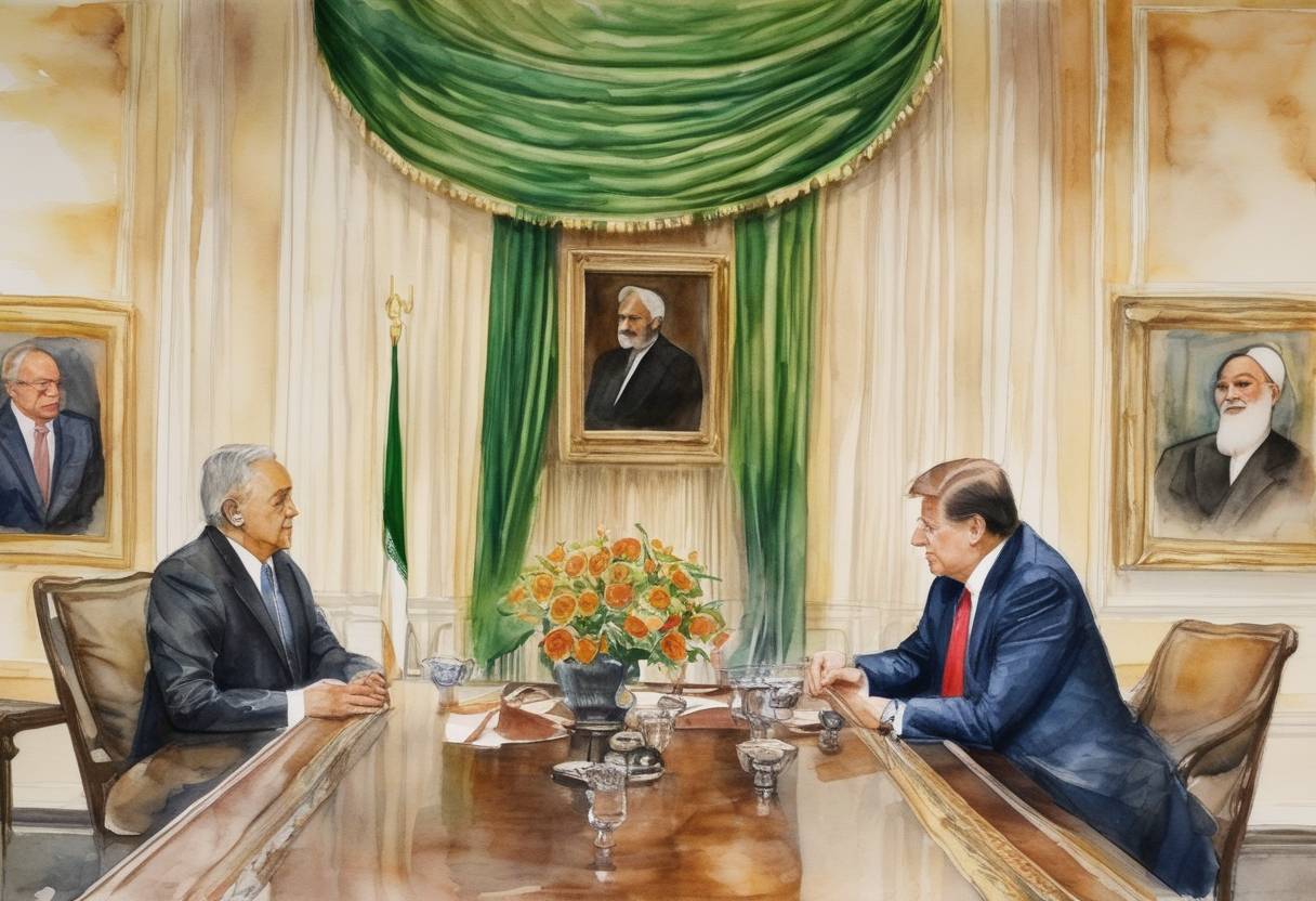 Watercolor painting based depiction of The United States announced new sanctions on Iran, targeting the Iranian Central Bank and the Iranian oil industry in response to its nuclear program. (2012)