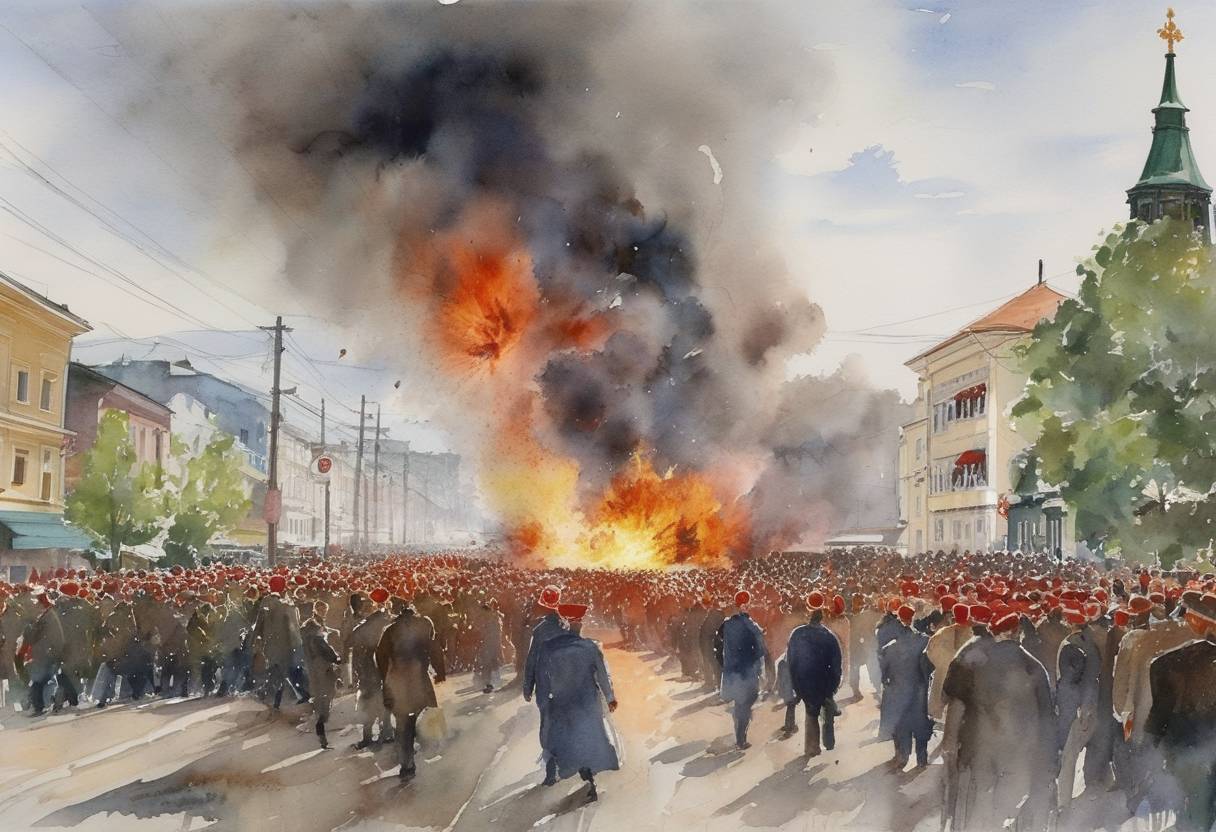Watercolor painting based depiction of A series of explosions at the Kaspiysk Victory Day parade in Russia kills 44 people. The explosions targeted a crowded ceremony, marking a significant act of violence in the region. (2002)