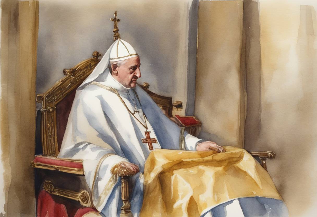 Watercolor painting based depiction of Nicholas III, the 188th Pope of the Roman Catholic Church, promulgated 'Exiit qui seminat', a papal bull that established the rights and duties of the Franciscan Order, and addressed issues of poverty and property within the order. (1277)