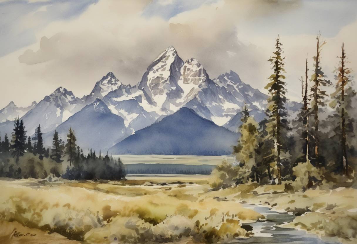 Watercolor painting based depiction of President Calvin Coolidge signed an Executive Order establishing the Grand Teton National Park in Wyoming, protecting the Teton Range and its surrounding area. (1929)