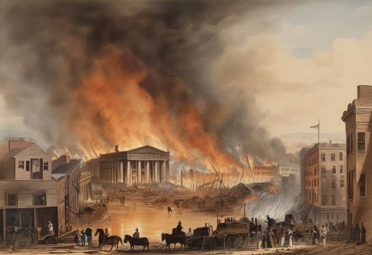 Watercolor painting based depiction of A large fire ravages St. Louis, Missouri, causing significant destruction and highlighting the burgeoning city's challenges with fire safety in its wooden structures. (1849)