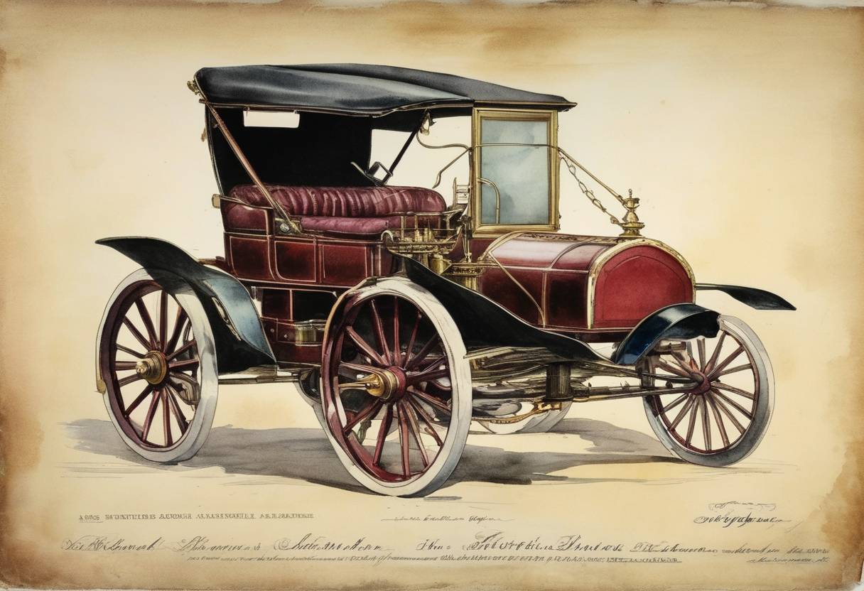 Watercolor painting based depiction of The first U.S. patent for a gasoline-driven automobile is granted to Charles Duryea. (1895)