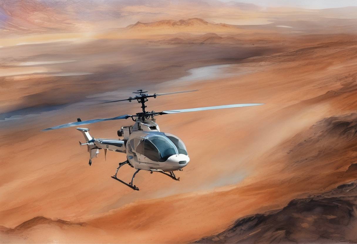 Watercolor painting based depiction of NASA's Ingenuity helicopter successfully performed its second flight on Mars, setting records for a higher and longer flight than its initial attempt. (2021)