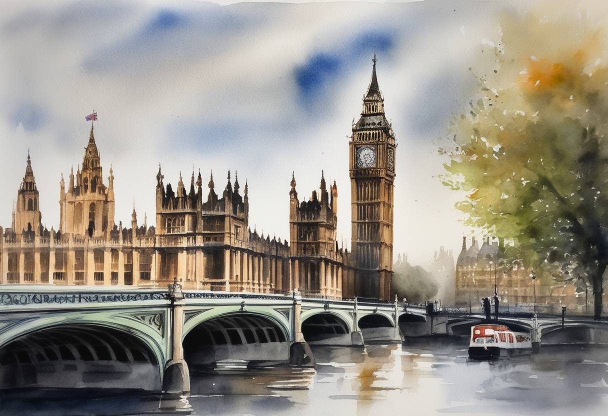 Watercolor painting based depiction of British Prime Minister Rishi Sunak announced new measures to curb strike action by bringing a new bill to parliament. (2023)