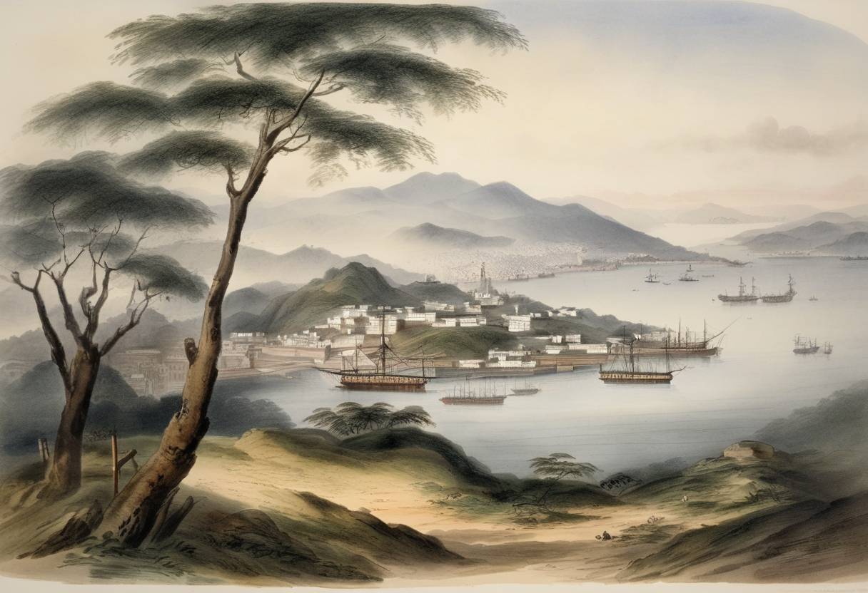 Watercolor painting based depiction of The British Empire annexed Hong Kong Island from China following the First Opium War. The cession was formalized in 1842 by the Treaty of Nanking. (1841)
