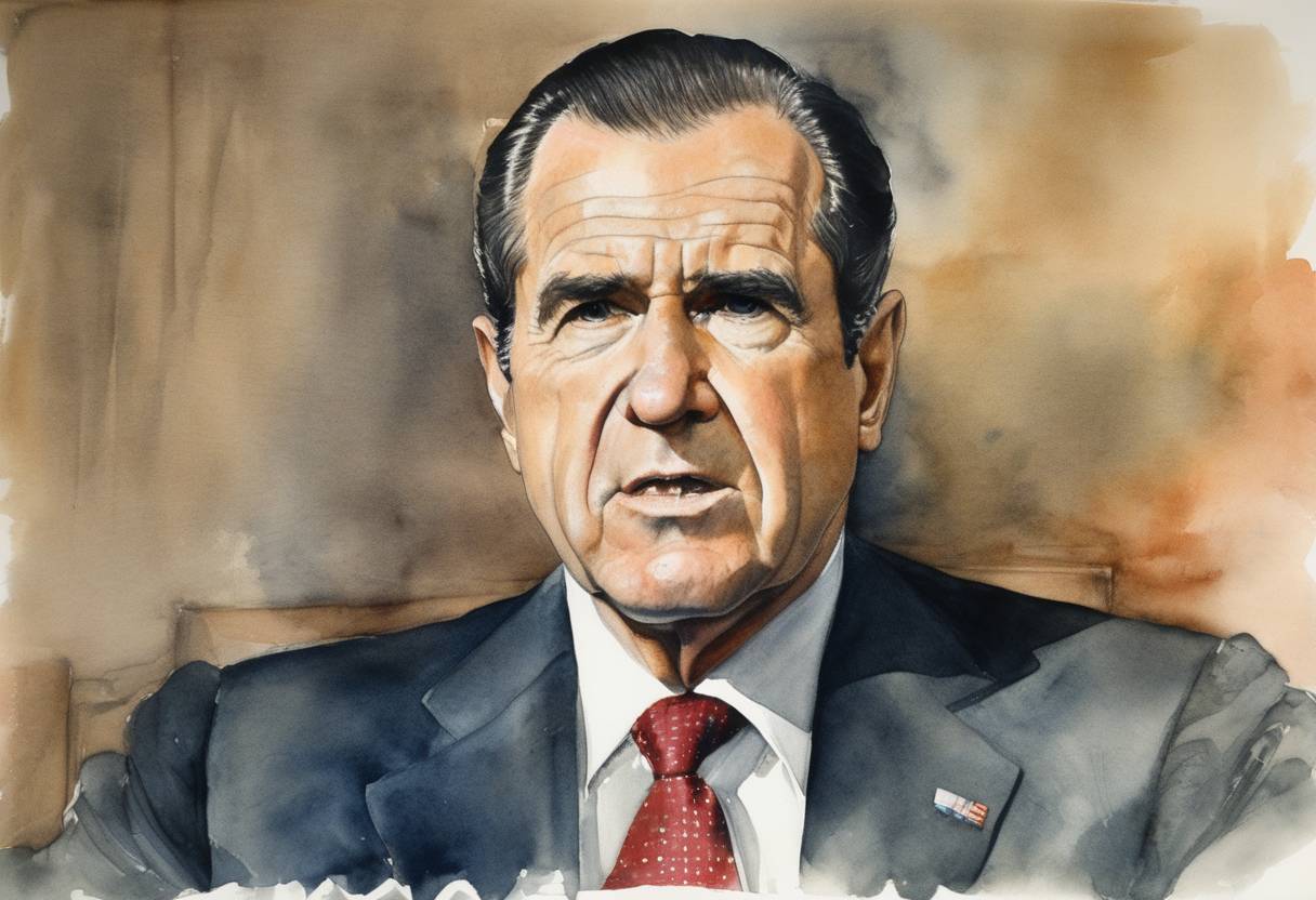 Watercolor painting based depiction of President Richard Nixon announced the release of edited transcripts of the Watergate tapes during a speech at the White House. (1974)