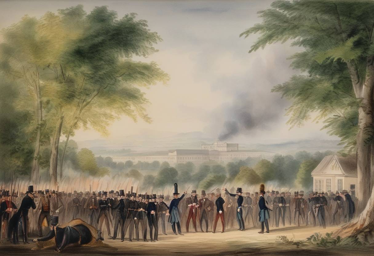 Watercolor painting based depiction of Missouri governor Lilburn Boggs issues the Extermination Order, which orders all Mormons to leave the state or be exterminated. (1838)