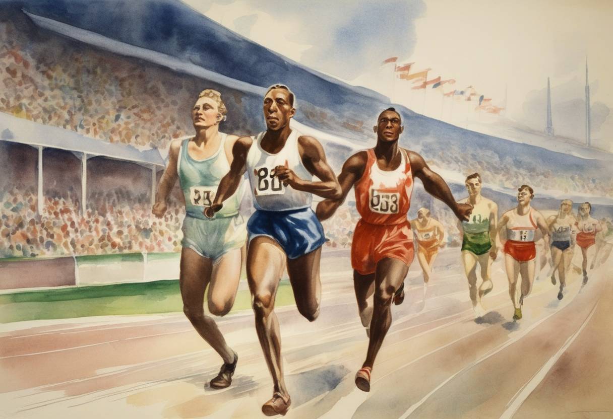 Watercolor painting based depiction of The 1936 Summer Olympics opened in Berlin, Germany, noted for the Nazi propaganda and stunning performances by athletes like Jesse Owens. (1936)