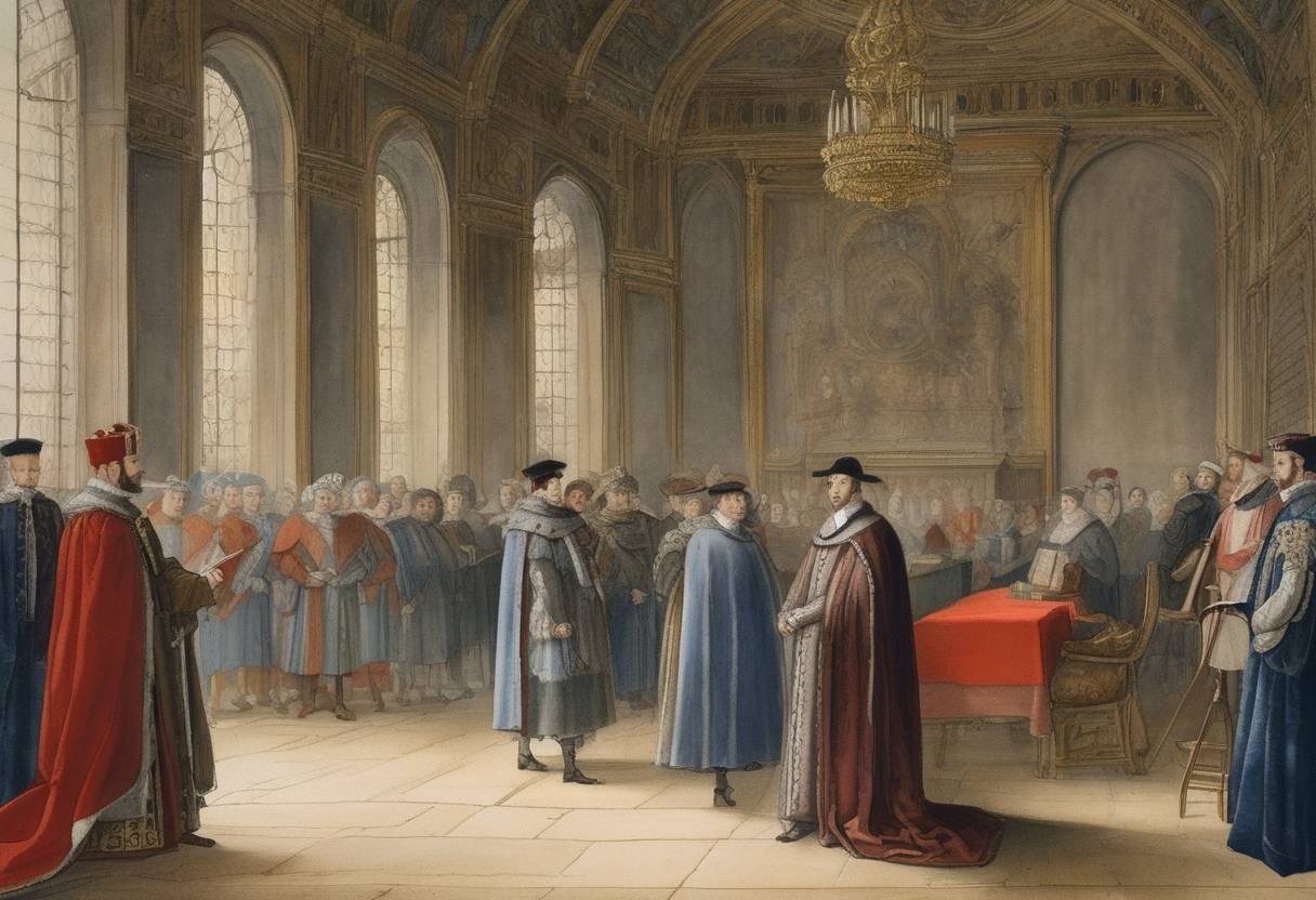 Watercolor painting based depiction of Charles V of France decrees the establishment of the College of Navarre in Paris, an influential educational institution. (1368)