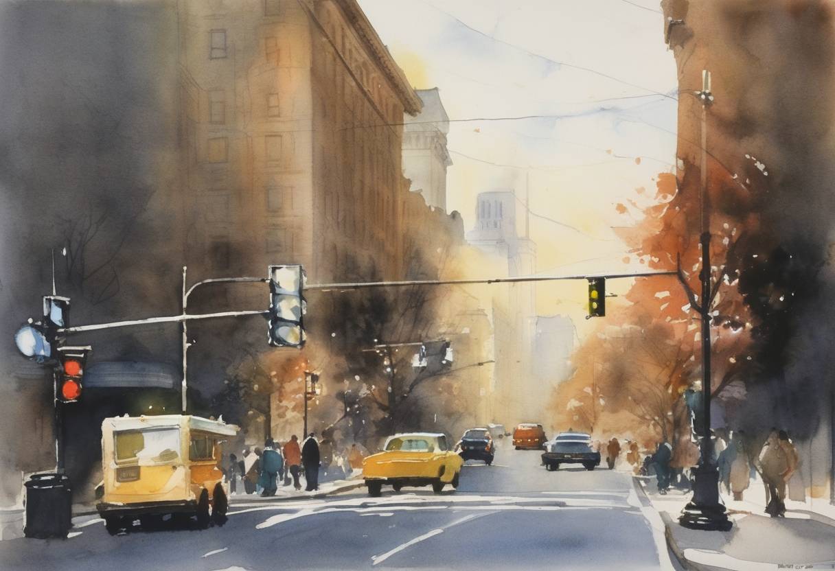 Watercolor painting based depiction of Marvin Pinsky patented the official pedestrian traffic light system, enhancing urban safety measures across the globe. (1984)