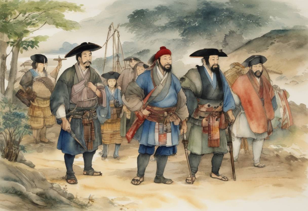 Watercolor painting based depiction of Three Portuguese merchants arrive in Tanegashima, Japan, and introduce firearms, the first documented arrival of Europeans in Japan. (1543)