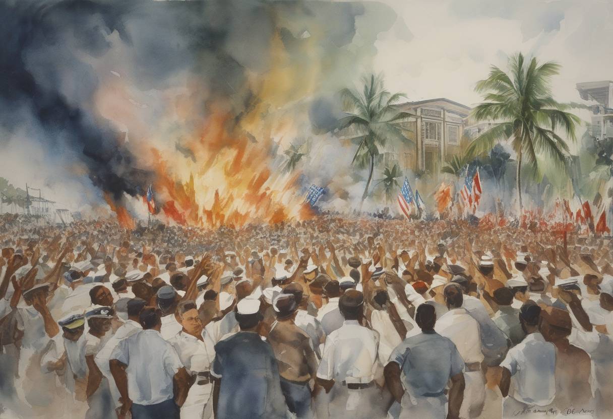 Watercolor painting based depiction of Martyrs' Day in Panama: Riots erupted over sovereignty of the Panama Canal Zone, leading to clashes between Panamanians and U.S. troops. (1964)