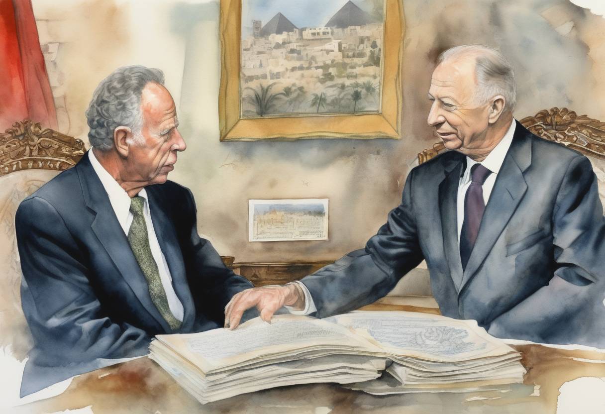 Watercolor painting based depiction of Israeli Prime Minister Yitzhak Rabin and PLO leader Yasser Arafat signed a historic accord in Cairo granting Palestinian self-rule in the Gaza Strip and Jericho. (1994)