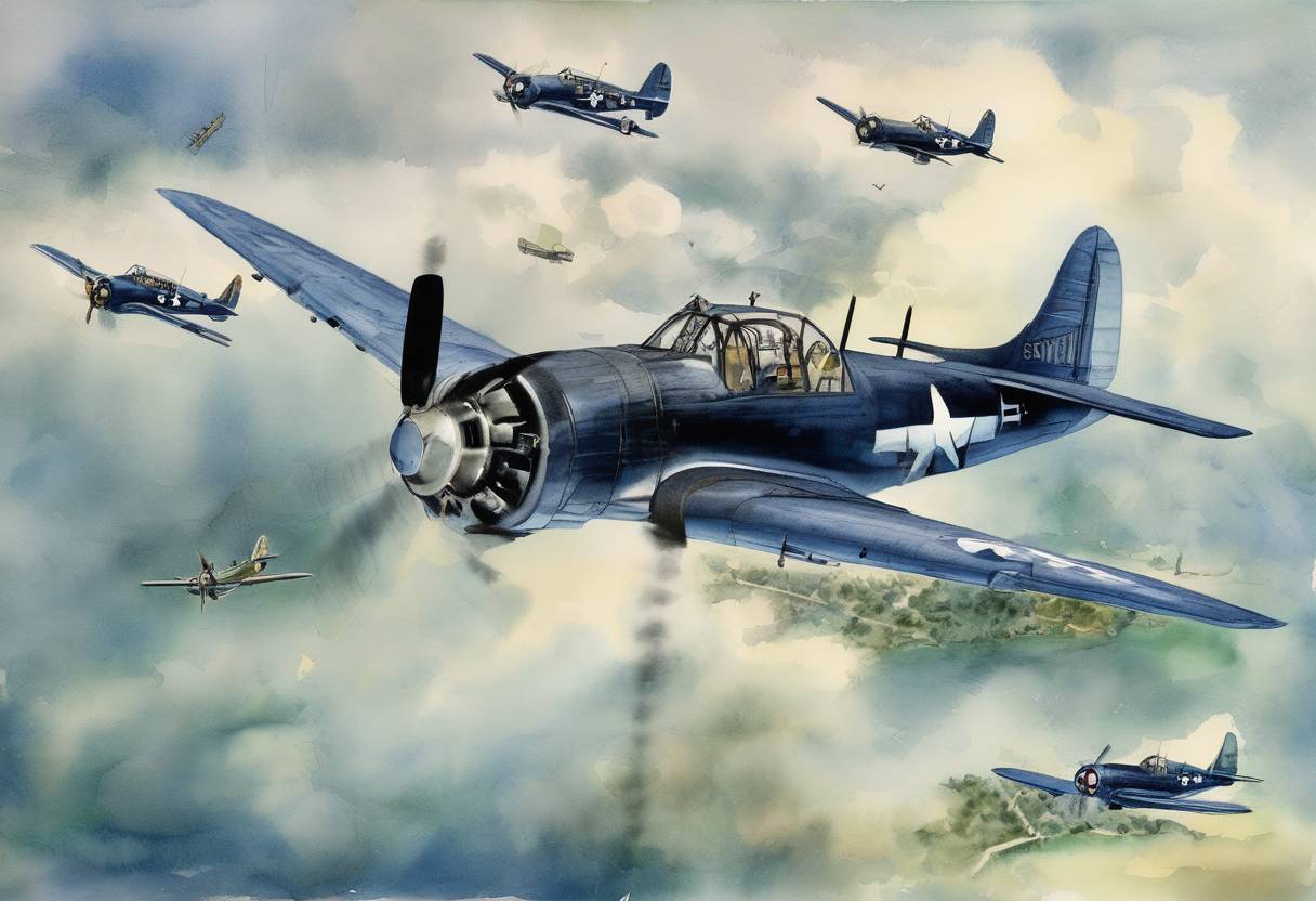 Watercolor painting based depiction of Flight 19, a group of five TBM Avenger torpedo bombers on a training flight, disappeared over the Bermuda Triangle, contributing to the legend of the mysterious area. (1945)