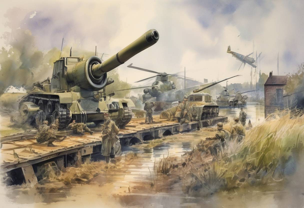 Watercolor painting based depiction of Operation Market Garden, an Allied military operation during World War II, began with the goal of capturing bridges in the Netherlands. (1944)