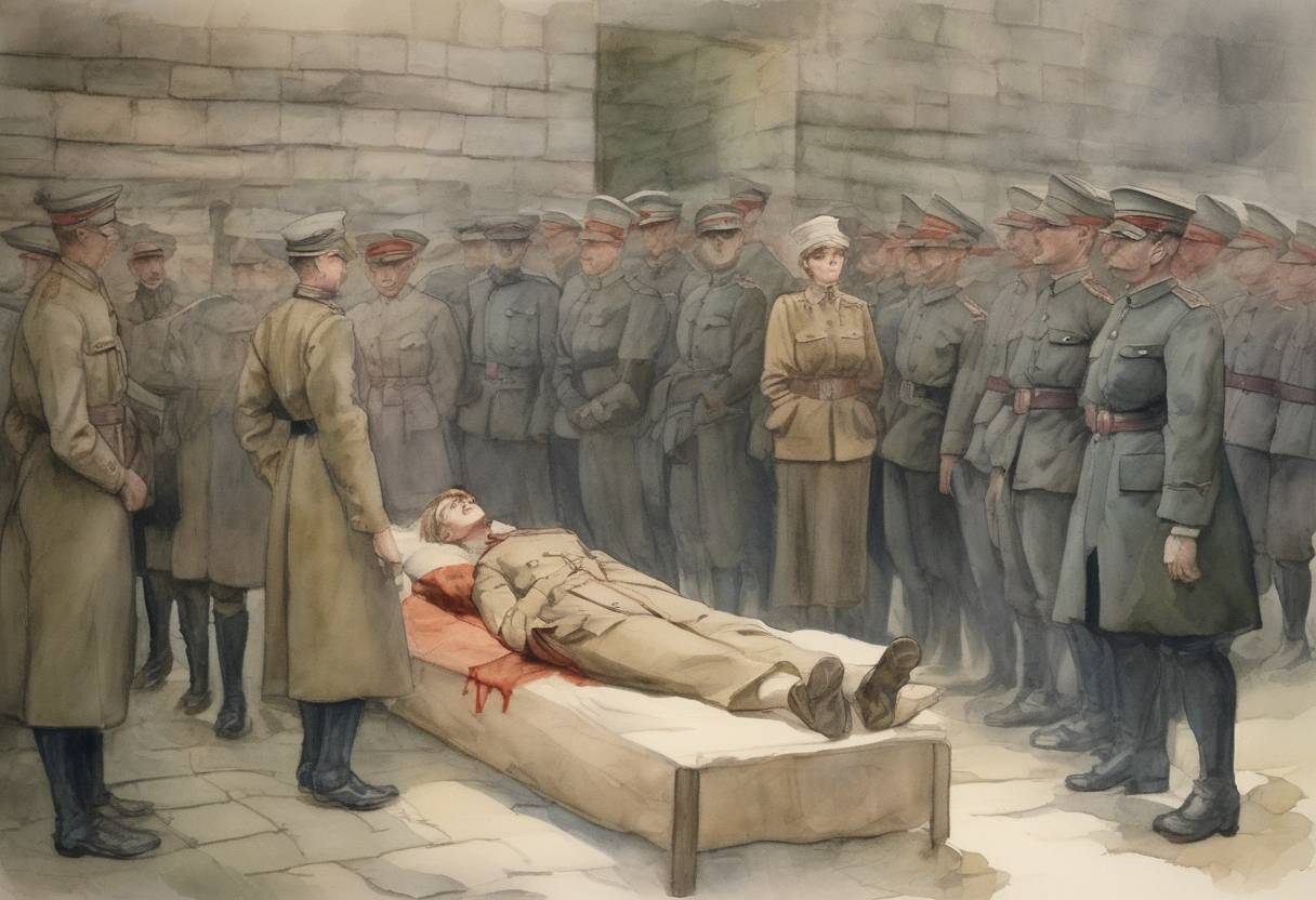 Watercolor painting based depiction of British nurse Edith Cavell was executed by a German firing squad for helping Allied soldiers escape from German-occupied Belgium during World War I. (1915)