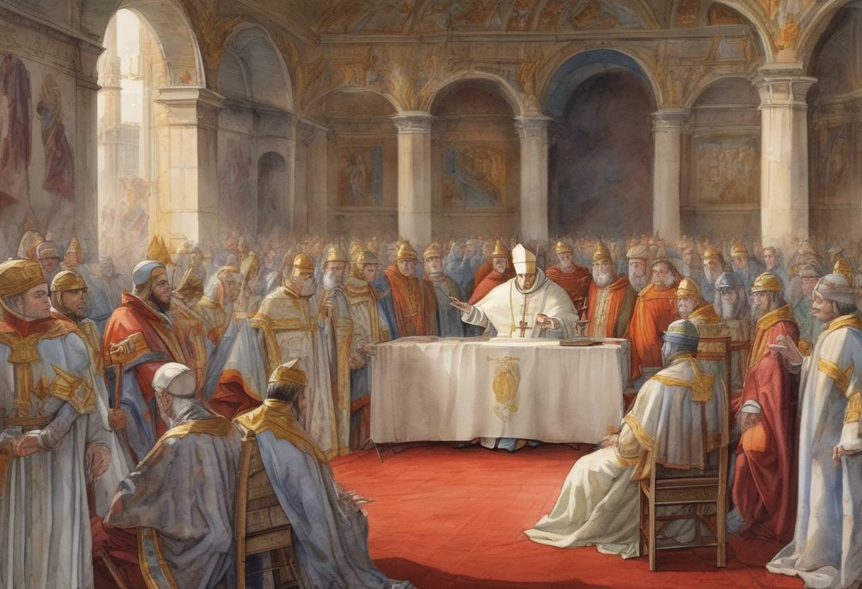 Watercolor painting based depiction of Pope Innocent III declares the Magna Carta invalid, leading to the First Barons' War in England. (1215)