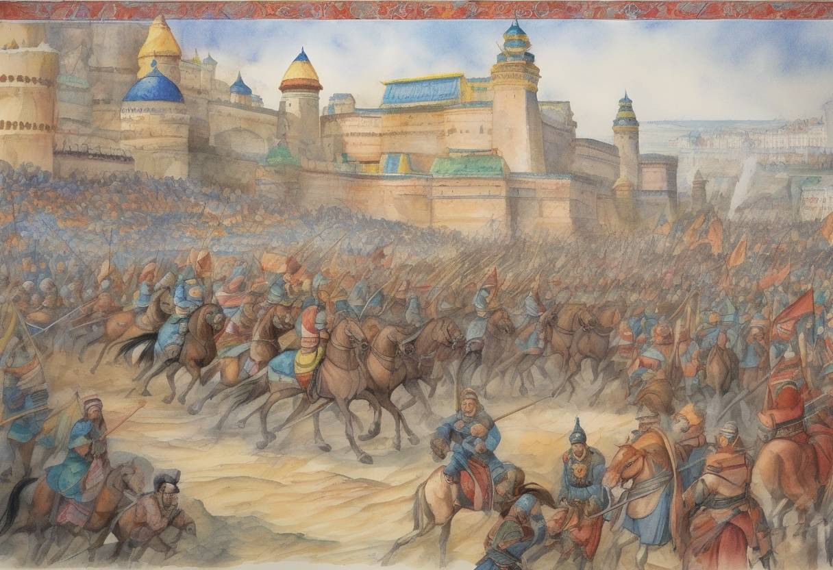 Watercolor painting based depiction of The Mongol Empire, under the leadership of Batu Khan, captured and sacked the city of Kiev, marking a significant event in the Mongol invasion of Kievan Rus'. (1240)