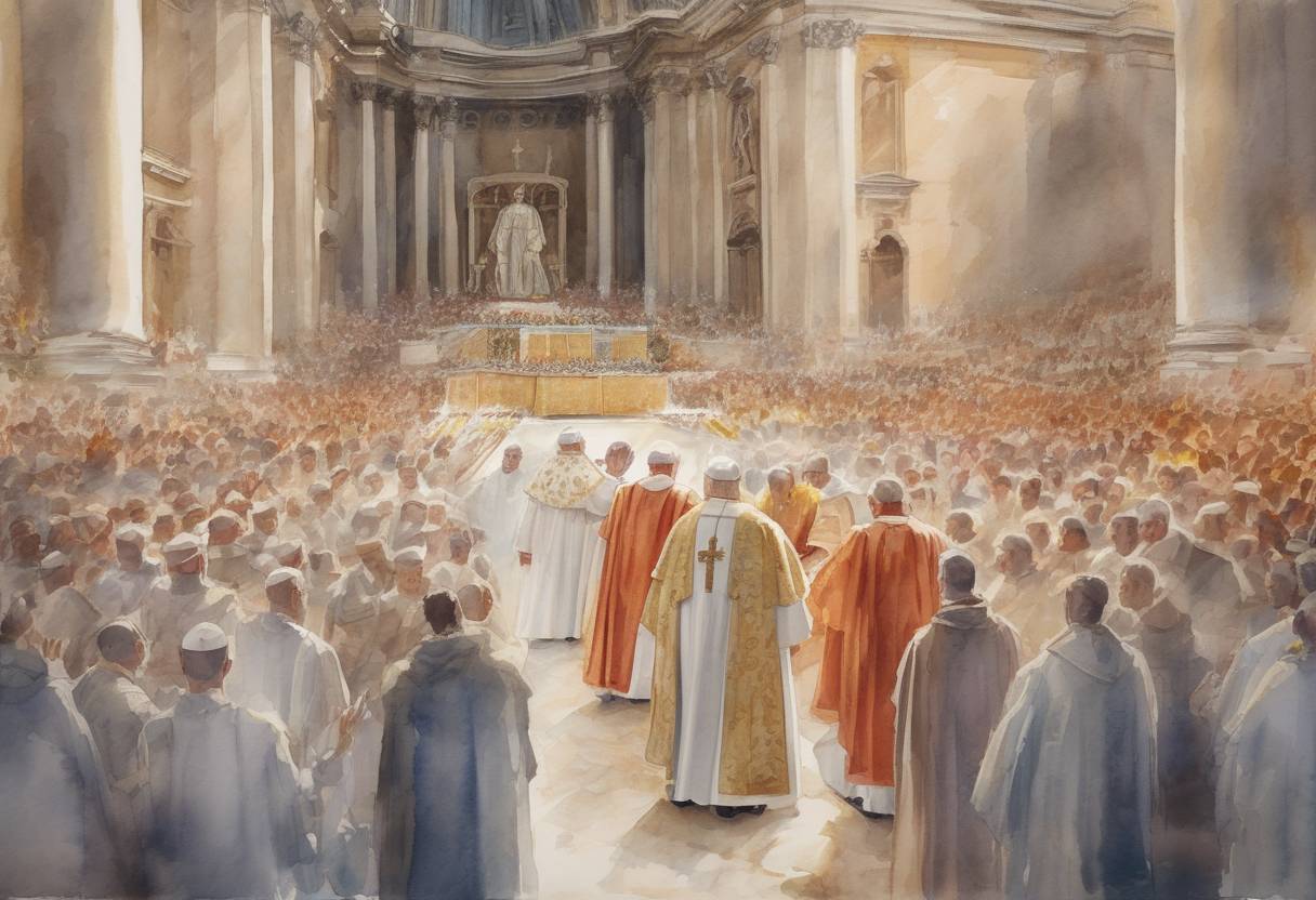 Watercolor painting based depiction of Pope John IV is consecrated as the 72nd pope of the Catholic Church, succeeding Pope Severinus. (640)