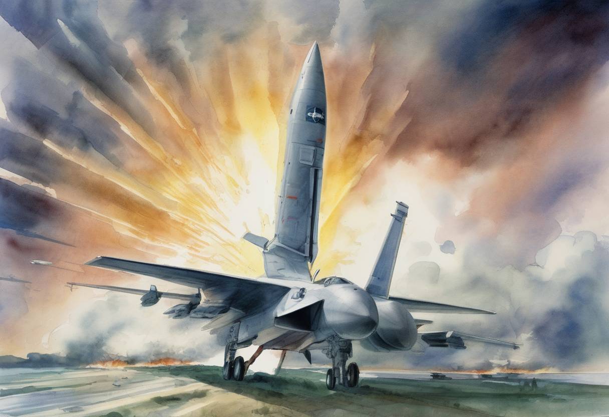 Watercolor painting based depiction of U.S. President Ronald Reagan proposed the Strategic Defense Initiative, a missile defense system intended to protect the United States from attack by ballistic strategic nuclear weapons. (1983)