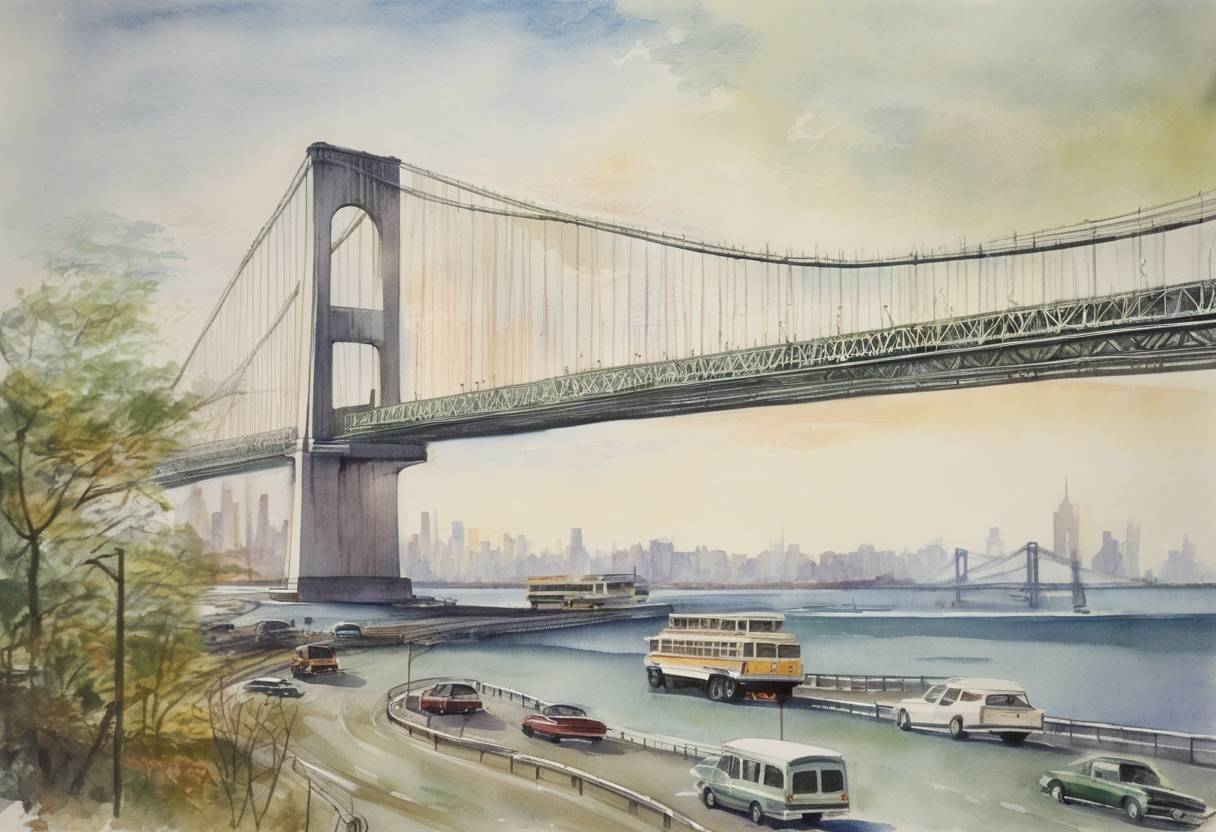 Watercolor painting based depiction of The Verrazano-Narrows Bridge, connecting Staten Island and Brooklyn in New York City, opened to traffic. (1964)