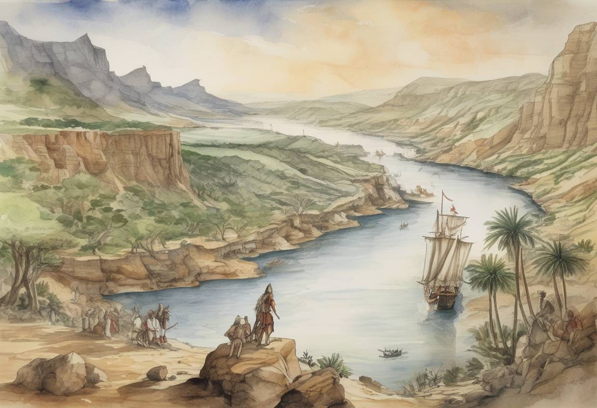 Watercolor painting based depiction of Vasco da Gama passes the Great Fish River, where Bartolomeu Dias had previously turned back to Portugal. (1497)