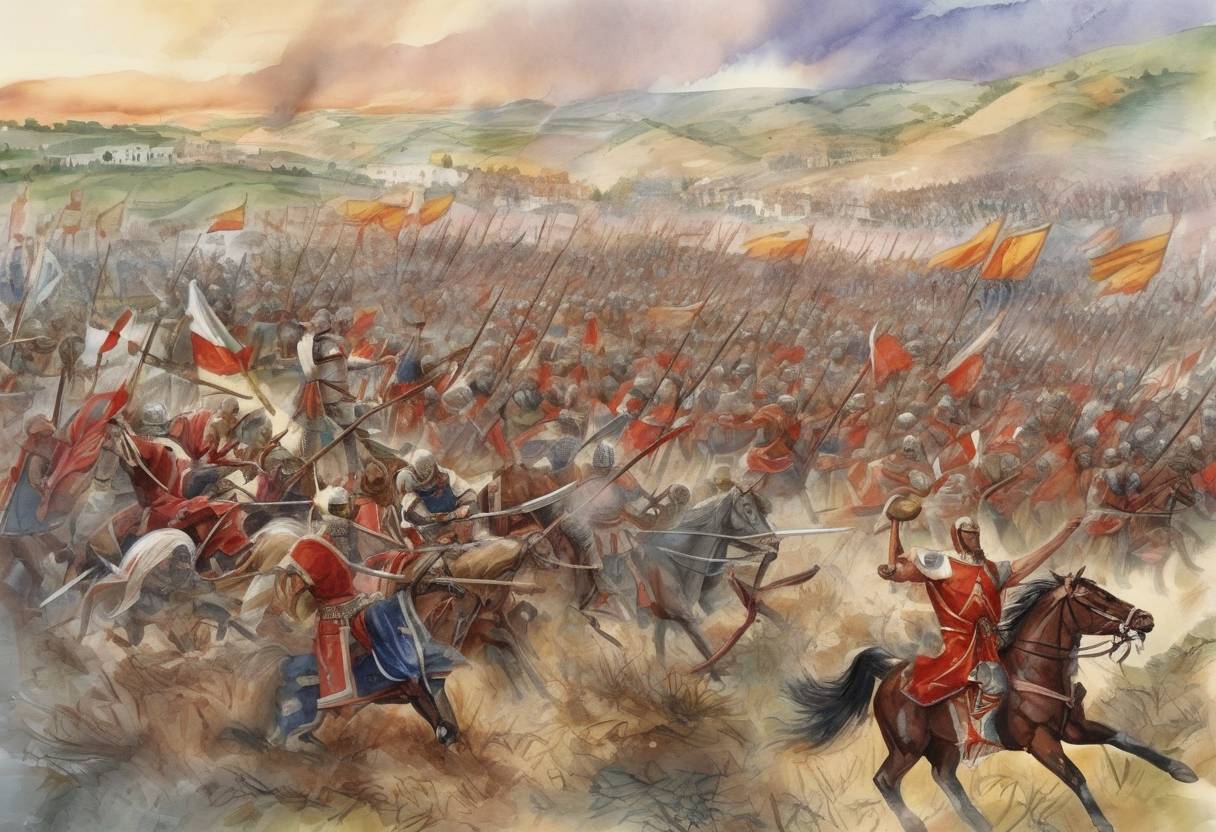 Watercolor painting based depiction of The Battle of Spercheios occurred between the Byzantine Empire and the Bulgarians. The Byzantine forces, led by General Nikephoros Ouranos, defeated the Bulgarian army, significantly weakening Bulgarian power in the region. (997)