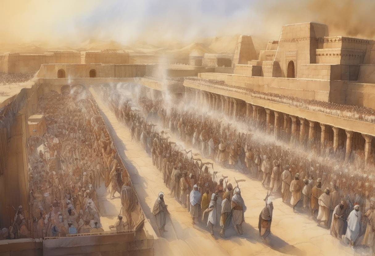Watercolor painting based depiction of Cyrus the Great of Persia entered the city of Babylon, marking the end of the Neo-Babylonian Empire. (539)