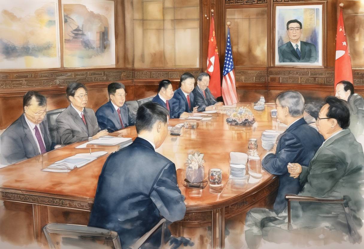 Watercolor painting based depiction of The United States and North Korea held talks in Beijing to address nuclear tensions on the Korean Peninsula. (2003)