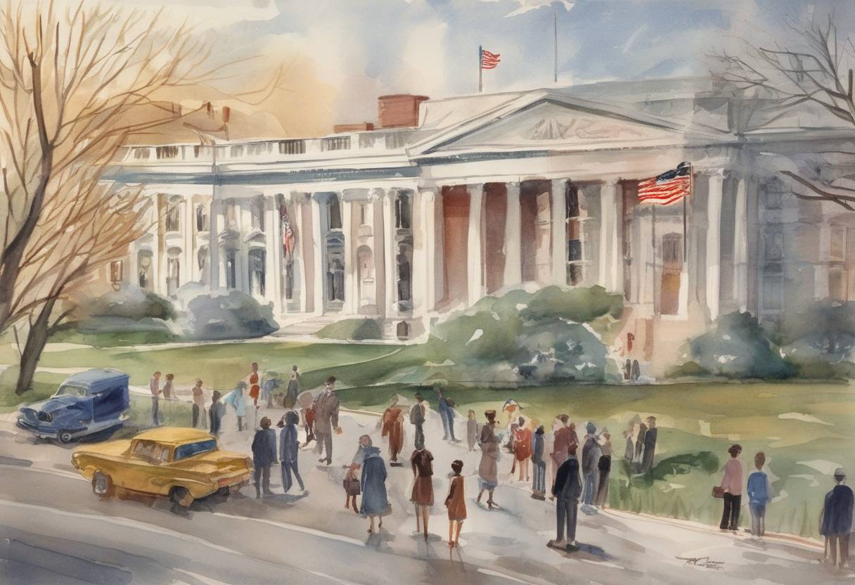 Watercolor painting based depiction of Washington D.C. residents are able to vote in a presidential election for the first time. (1964)