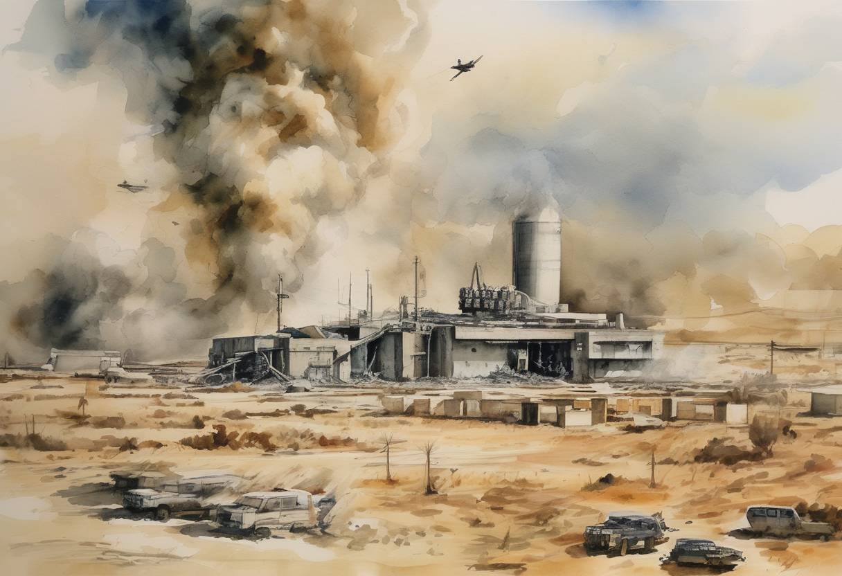 Watercolor painting based depiction of The Israeli Air Force destroyed Iraq's Osirak nuclear reactor in a surprise airstrike, known as Operation Opera. (1981)