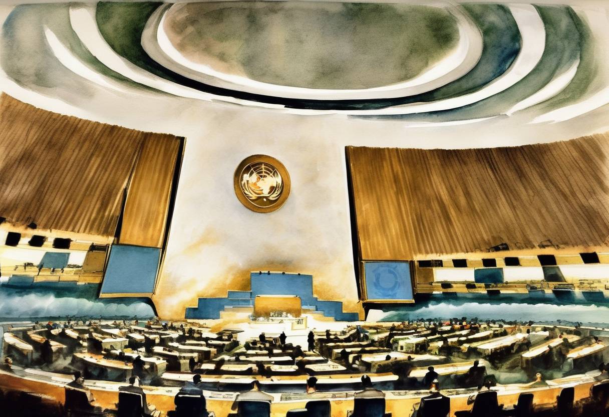 Watercolor painting based depiction of The United Nations General Assembly passed a resolution condemning South Africa's apartheid policies and called for all member states to cease military and economic relations with the country. (1962)