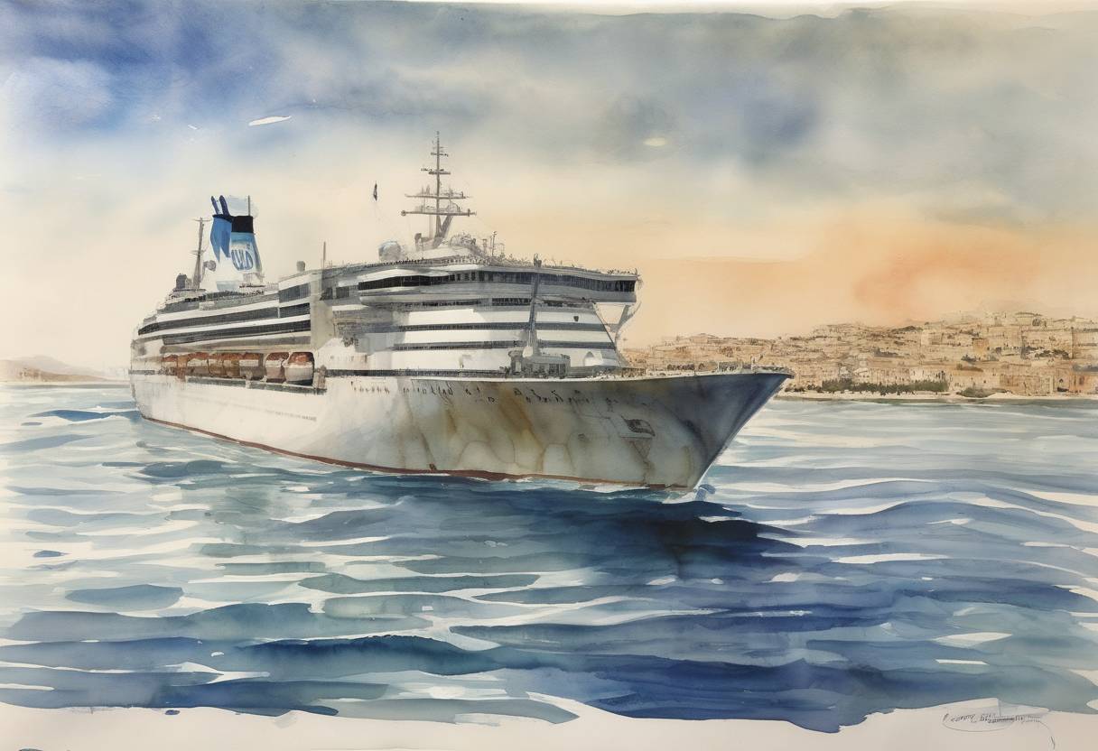 Watercolor painting based depiction of The Achille Lauro hijacking occurred when the Italian cruise ship was seized by members of the Palestine Liberation Front off the coast of Egypt, leading to a tense international incident. (1985)