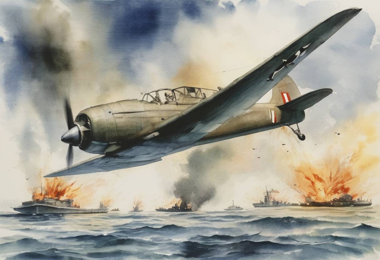Watercolor painting based depiction of World War II: The first kamikaze attack occurs as a Japanese plane carrying a 200-kilogram bomb attacks HMAS Australia off Leyte Island. (1944)