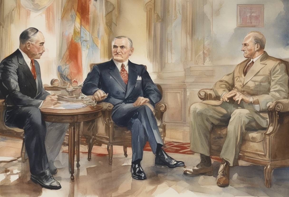 Watercolor painting based depiction of The United States and the Soviet Union establish formal diplomatic relations. (1933)