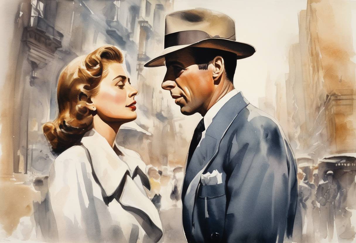 Watercolor painting based depiction of Casablanca, the classic film starring Humphrey Bogart and Ingrid Bergman, premieres in New York City. (1942)