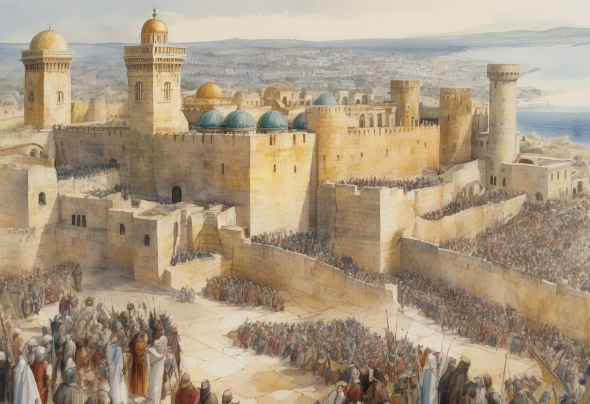 Watercolor painting based depiction of The Treaty of Jaffa was signed between Frederick II, Holy Roman Emperor, and Sultan Al-Kamil of Egypt, ending the Sixth Crusade and allowing Christians to regain control of Jerusalem, Nazareth, and Bethlehem. (1229)