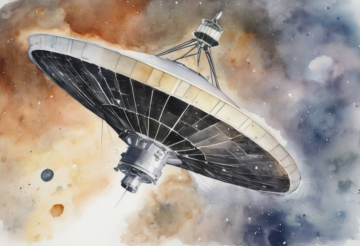 Watercolor painting based depiction of Voyager 1 spacecraft, launched by NASA in 1977, becomes the first human-made object to enter interstellar space. (2012)