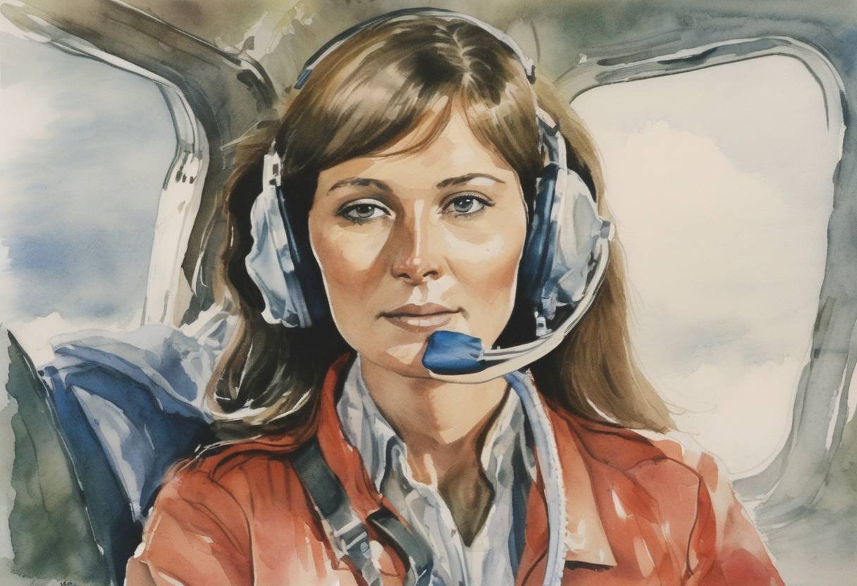 Watercolor painting based depiction of The Yugoslavian air stewardess Vesna Vulović survived a fall from 10,160 meters (33,330 ft) after the plane she was in exploded, setting a world record for surviving the highest fall without a parachute. (1972)