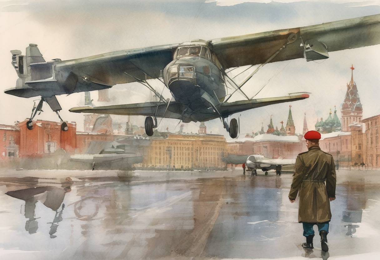 Watercolor painting based depiction of Mathias Rust, a West German aviator, illegally lands a private plane near Red Square in Moscow, raising questions about Soviet air defense capabilities. (1987)