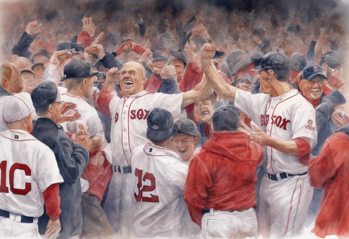 Watercolor painting based depiction of The Boston Red Sox win the World Series, ending an 86-year championship drought known as the 'Curse of the Bambino.' (2004)